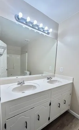 a bathroom with a sink double vanity and a mirror
