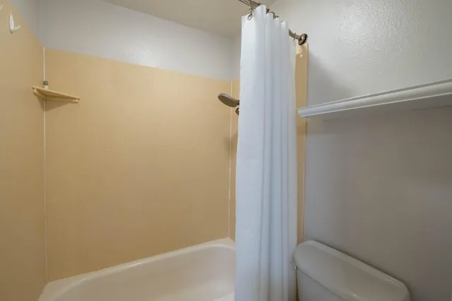 a bathroom with a shower and toilet