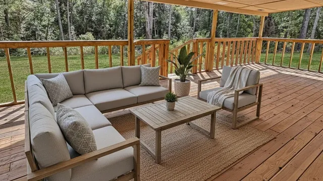 a balcony with furniture and wooden floor