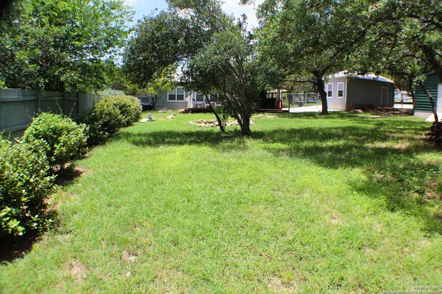 a view of a backyard with large trees