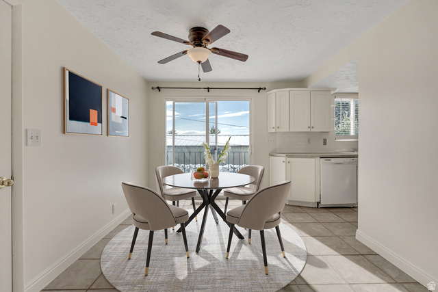 3166 Linden Street Bountiful, UT 84010 - Photo 3 of 25 Dining area featuring light tile patterned floors, a ceiling fan, plenty of natural light, and a textured ceiling (virtually staged)