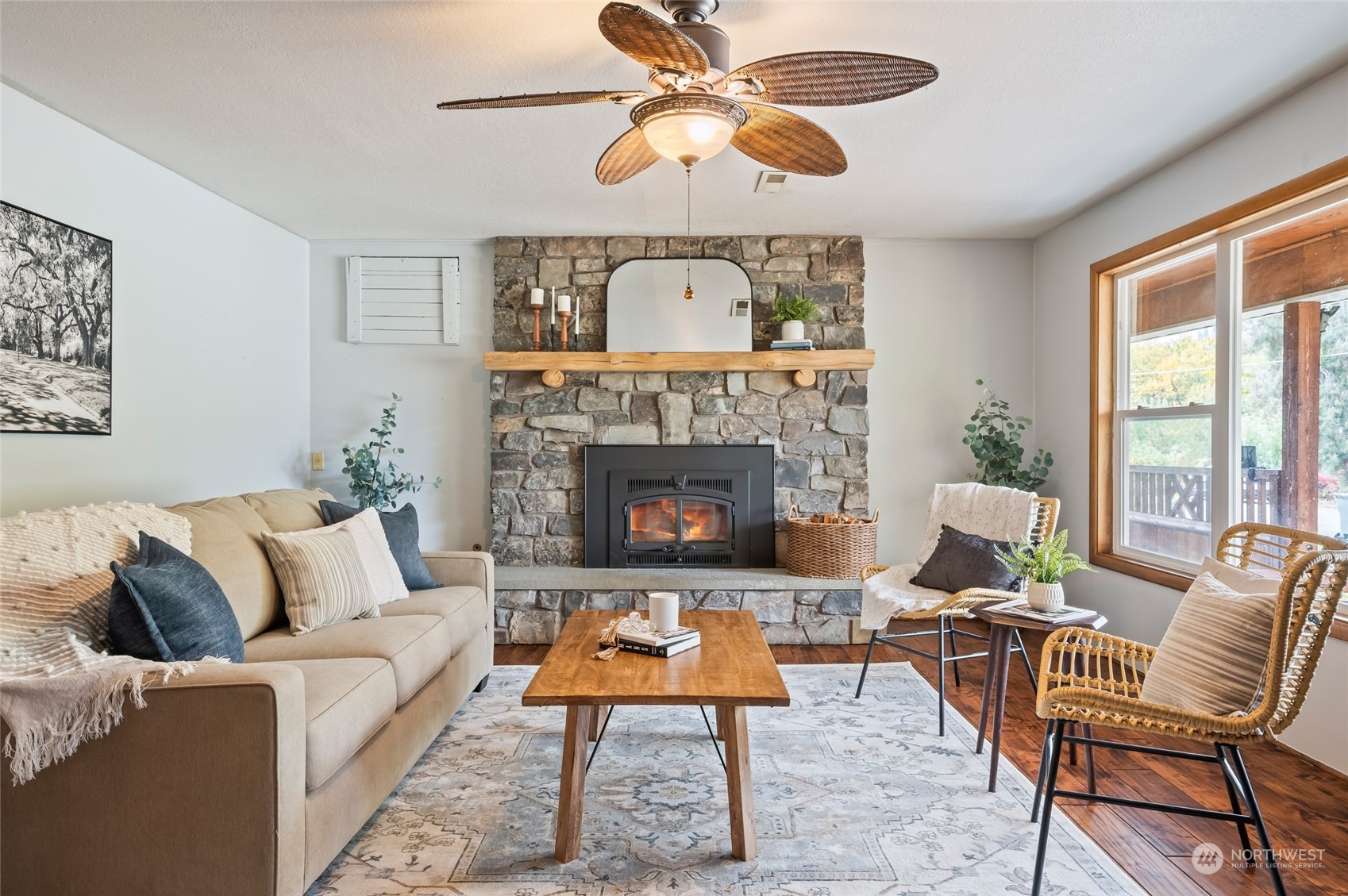 8251 Riverview Road Peshastin, WA 98847 - Photo 2 of 19 a living room with furniture a large window and a fireplace