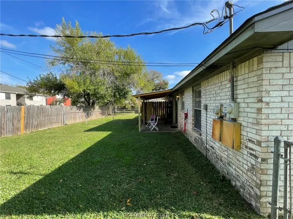 a view of a backyard with plants and large trees