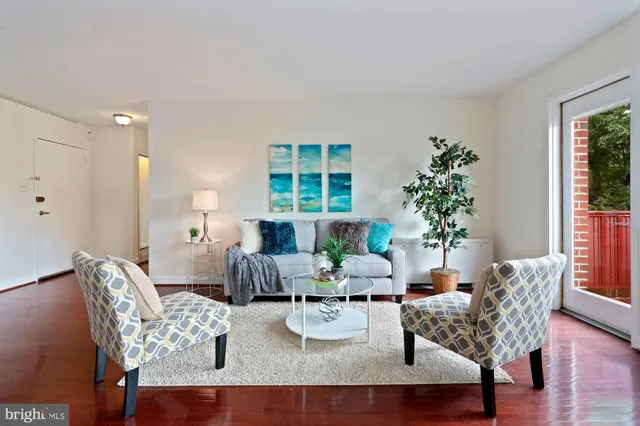 a living room with furniture and potted plants
