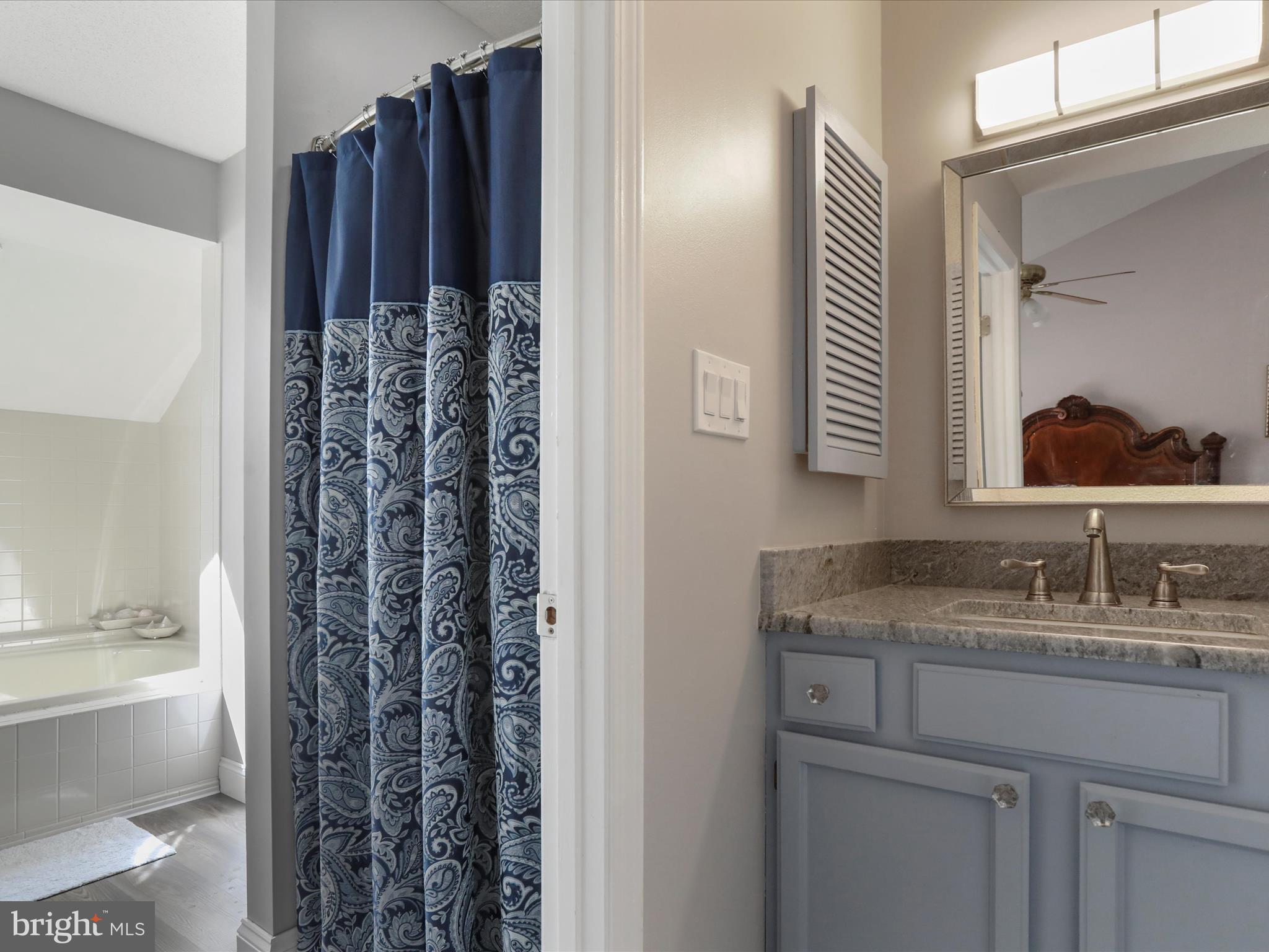 205 Tecumseh Trail Hedgesville, WV 25427 - Photo 30 of 75 a bathroom with a granite countertop sink a mirror a vanity and a shower