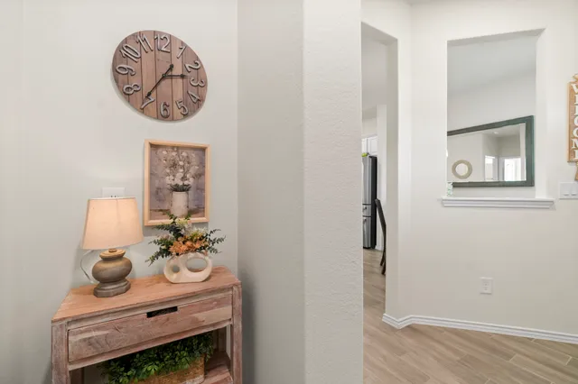 a view of dining room and wooden floor