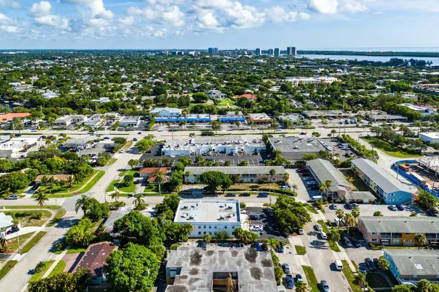 an aerial view of a building with outdoor space