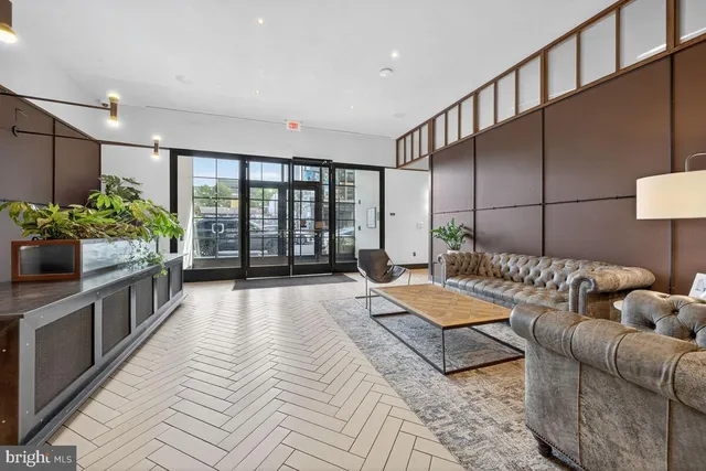 a living room with furniture and a potted plant