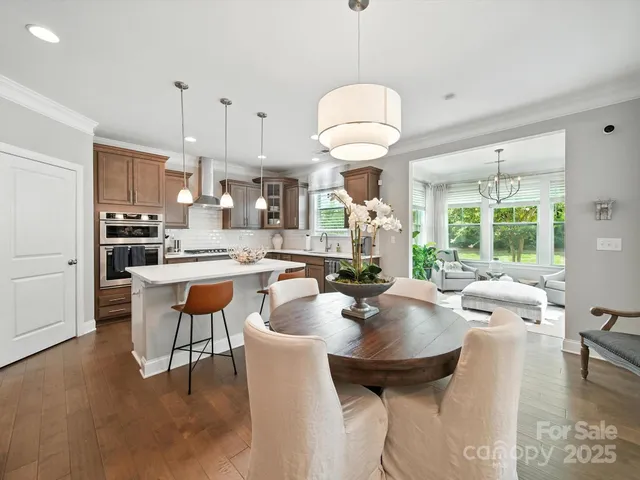 a kitchen with a table chairs stove and kitchen view
