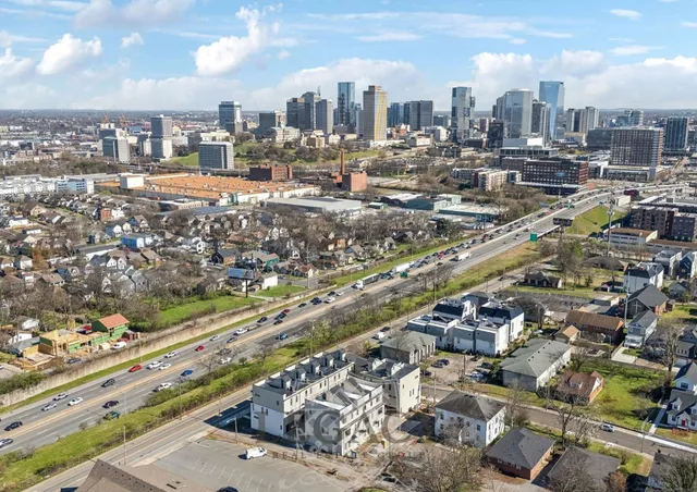 a city view with tall buildings