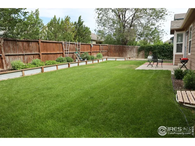 a view of a backyard with a garden and trees
