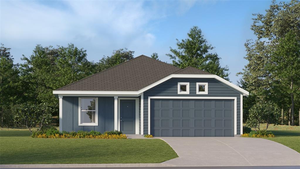 9229 Schram Road Fort Worth, TX 76179 - Photo 1 of 1 Contemporary single-story residence featuring a dark blue exterior siding, white trim accents, and a dark shingle roof