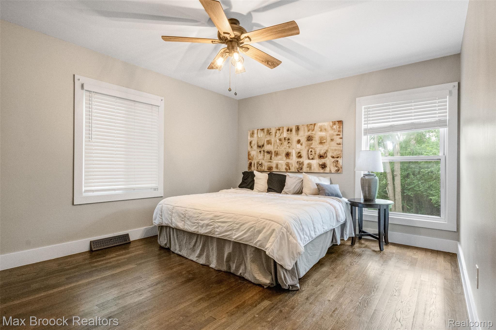 2905 Lahser Road Bloomfield Hills, MI 48304 - Photo 24 of 28 Interior room featuring wood-finish flooring, two large windows with white blinds, and a ceiling fan with integrated lighting