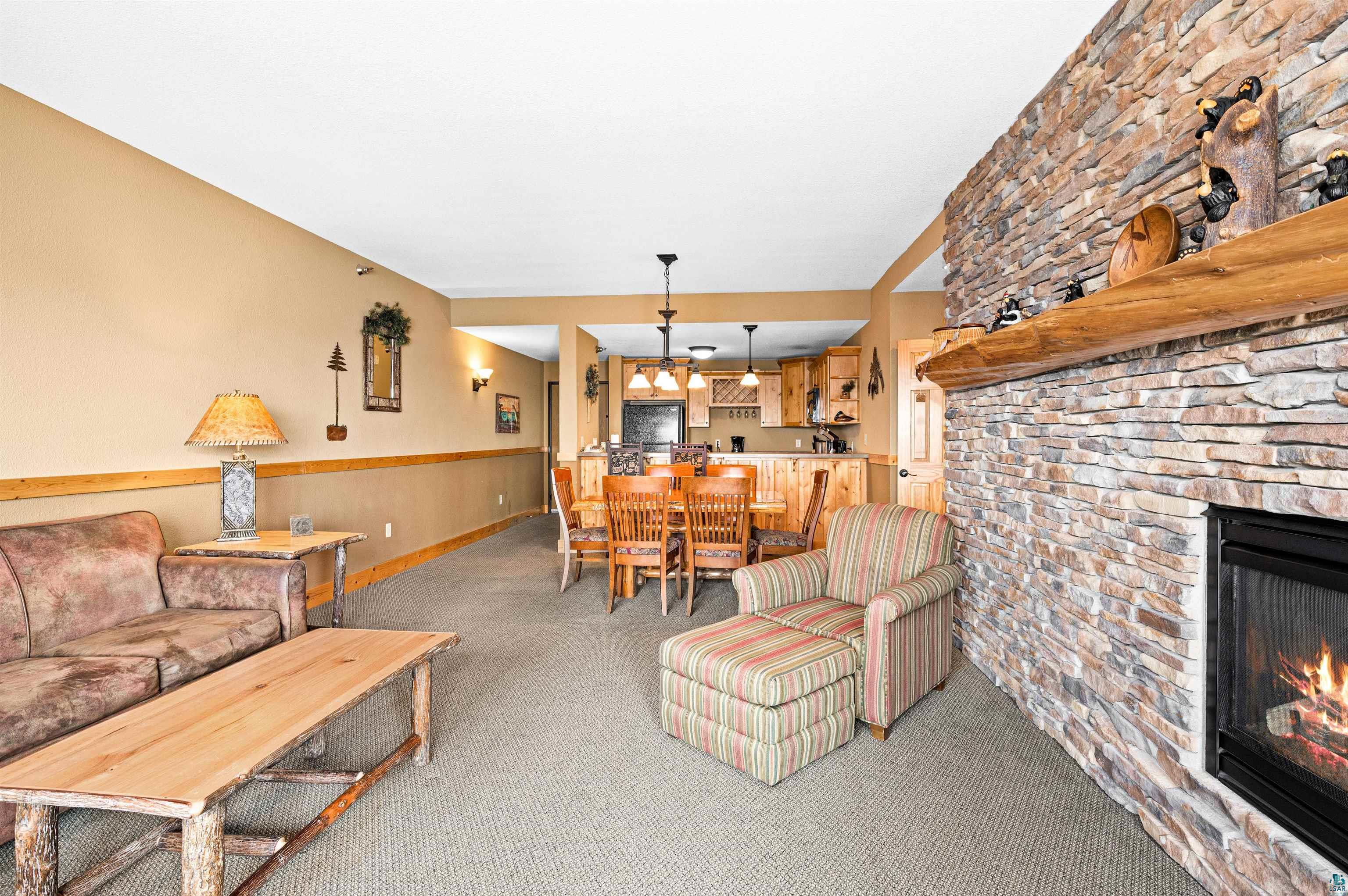 Two Burlington Road, Unit 5404 Two Harbors, MN 55616 - Photo 8 of 27 Living area with light carpet, a stone fireplace, and baseboards