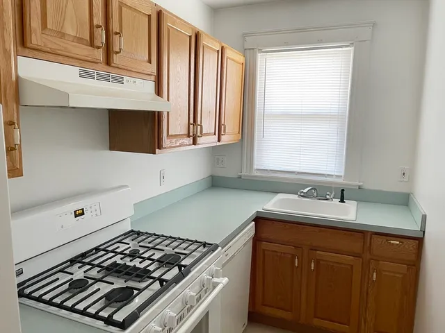 a kitchen with a stove and a sink