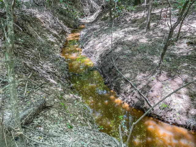 an aerial view of residential house with outdoor space and trees all around