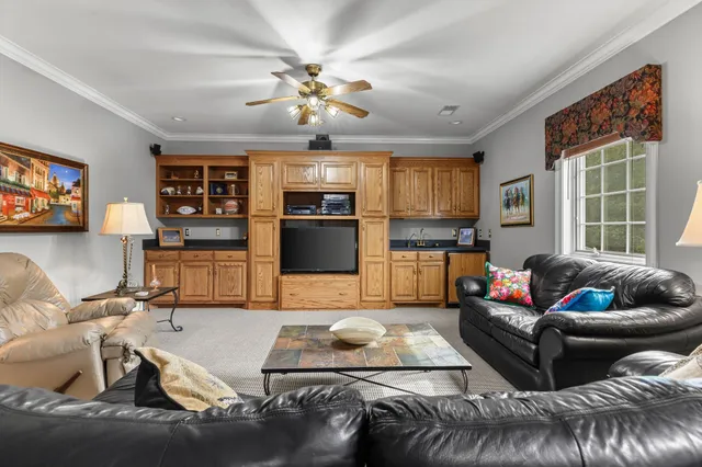 a living room with furniture a ceiling fan and a rug