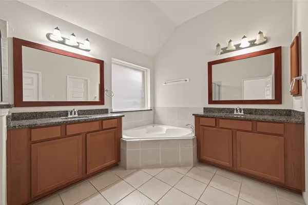 a bathroom with a bathtub sink and mirror