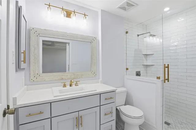 a bathroom with a toilet sink vanity and mirror