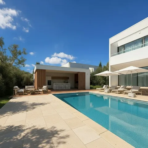a view of a house with swimming pool and sitting area
