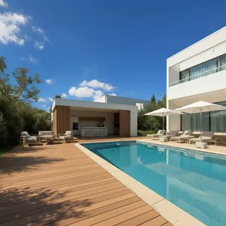 a view of a house with swimming pool and sitting area