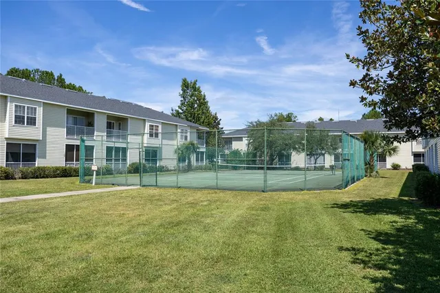 a view of a tennis ground with large trees