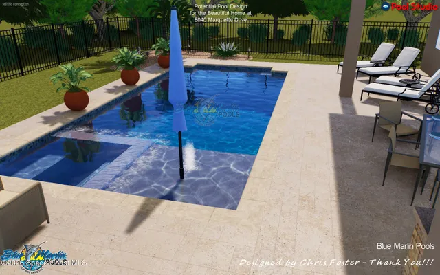 a view of a patio with swimming pool