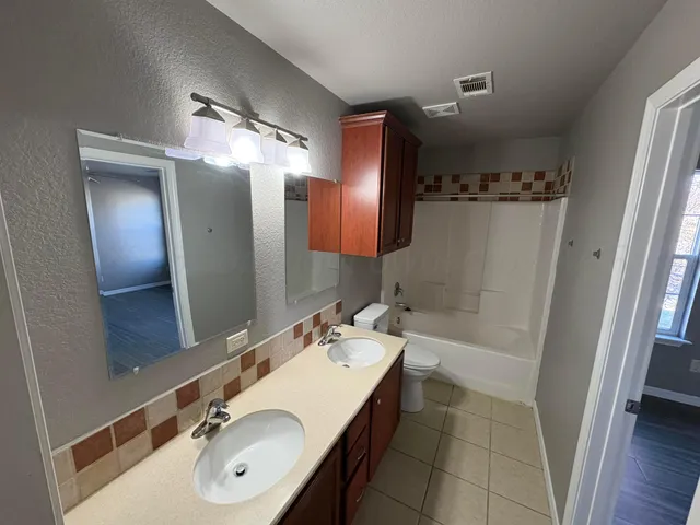 a bathroom with a sink vanity tub and a mirror