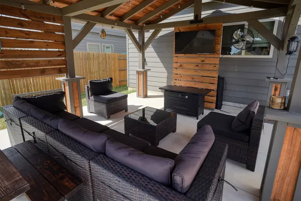 a building outdoor space with patio furniture