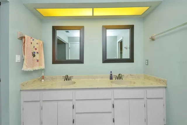 a bathroom with a sink and a mirror