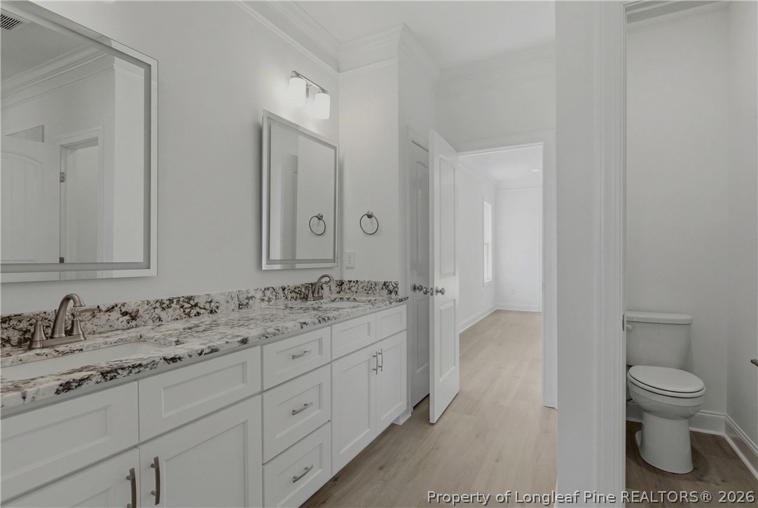 3223 Leaflet Church Road Broadway, NC 27505 - Photo 15 of 30 a bathroom with a granite countertop toilet sink and mirror