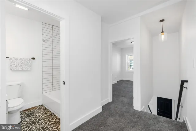 a bathroom with a toilet and a shower