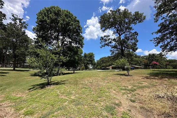 a view of a field with trees in the background