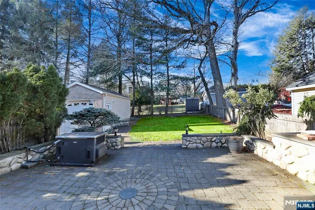 a view of a park with large trees
