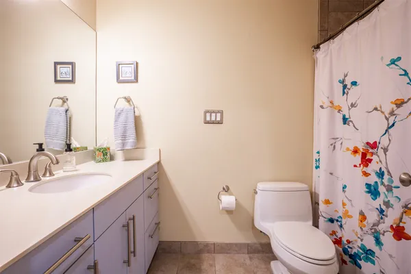 a bathroom with a sink a toilet and shower curtain