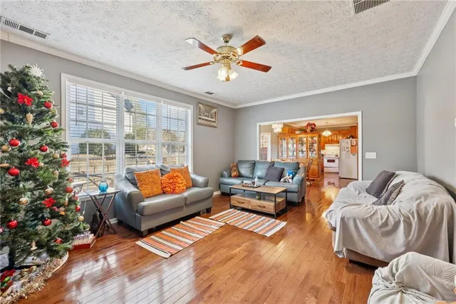 a living room with furniture potted plant and a large window
