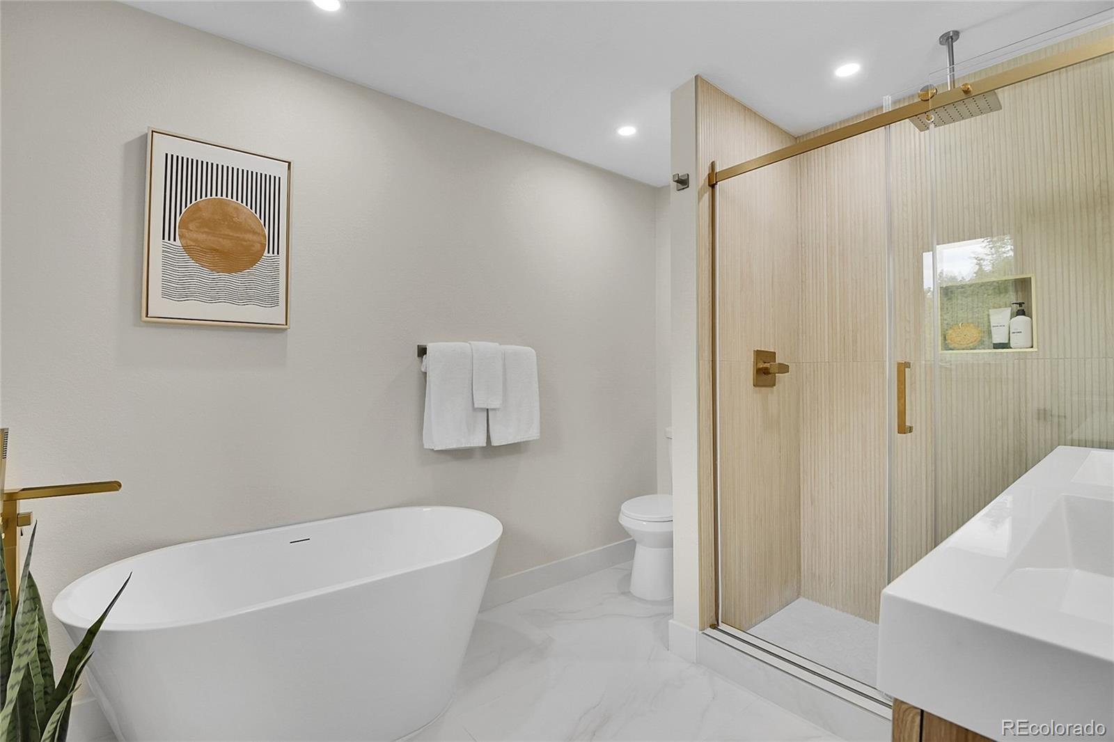 8919 South Hillview Road Morrison, CO 80465 - Photo 29 of 50 a bathroom with a bathtub and a shower