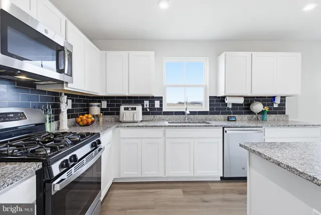 a kitchen with stainless steel appliances granite countertop a stove a sink and a microwave
