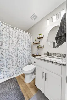 a bathroom with a granite countertop toilet sink and mirror