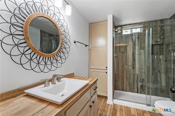 a bathroom with a sink a mirror and a shower