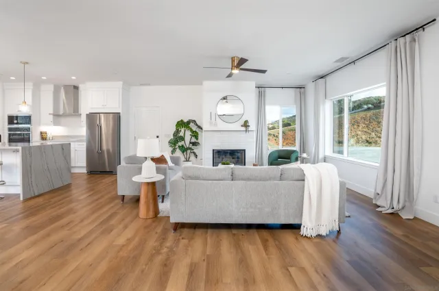 a living room with furniture and a fireplace