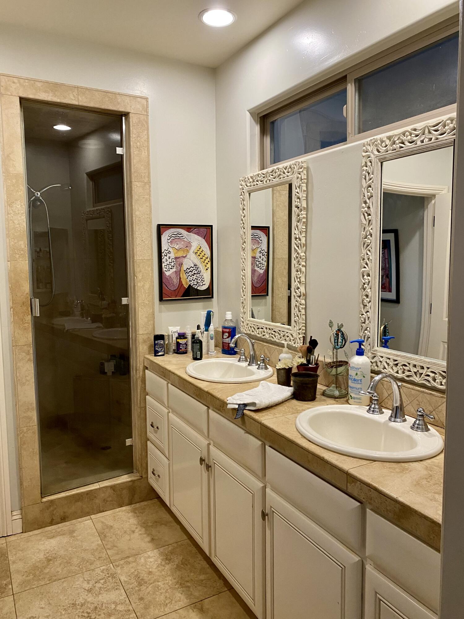 3705 La Canada Road Fallbrook, CA 92028 - Photo 28 of 68 a bathroom with a double vanity sink mirror and shower