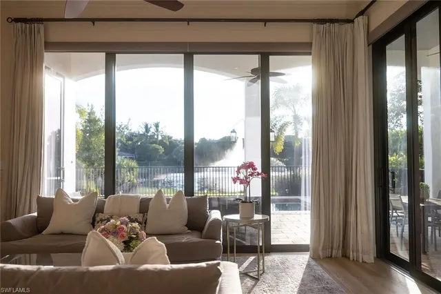 a living room with furniture and a floor to ceiling window
