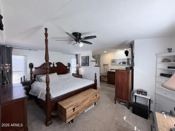 a bed room with a bed and a ceiling fan