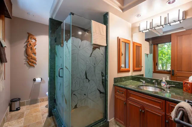 a bathroom with a granite countertop shower sink and mirror