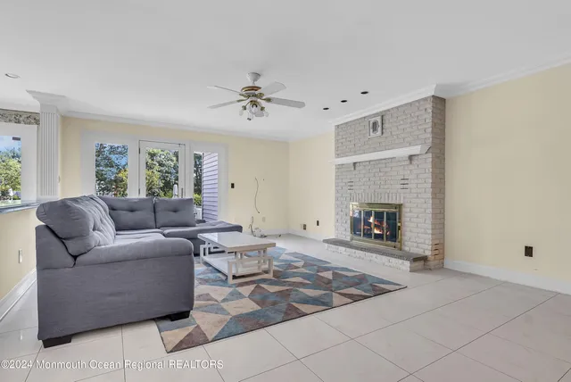 a living room with a fireplace