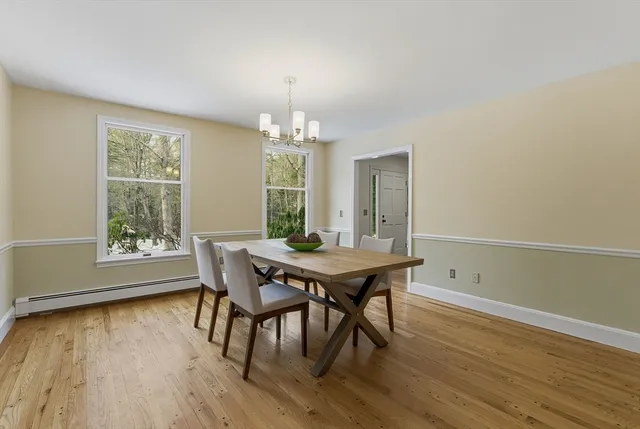 a view of a dining room with furniture and wooden floor