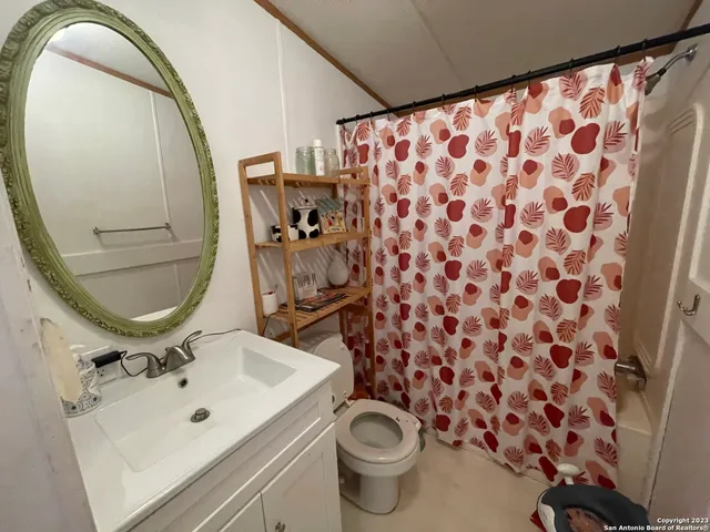 a bathroom with a sink and mirror with toilet