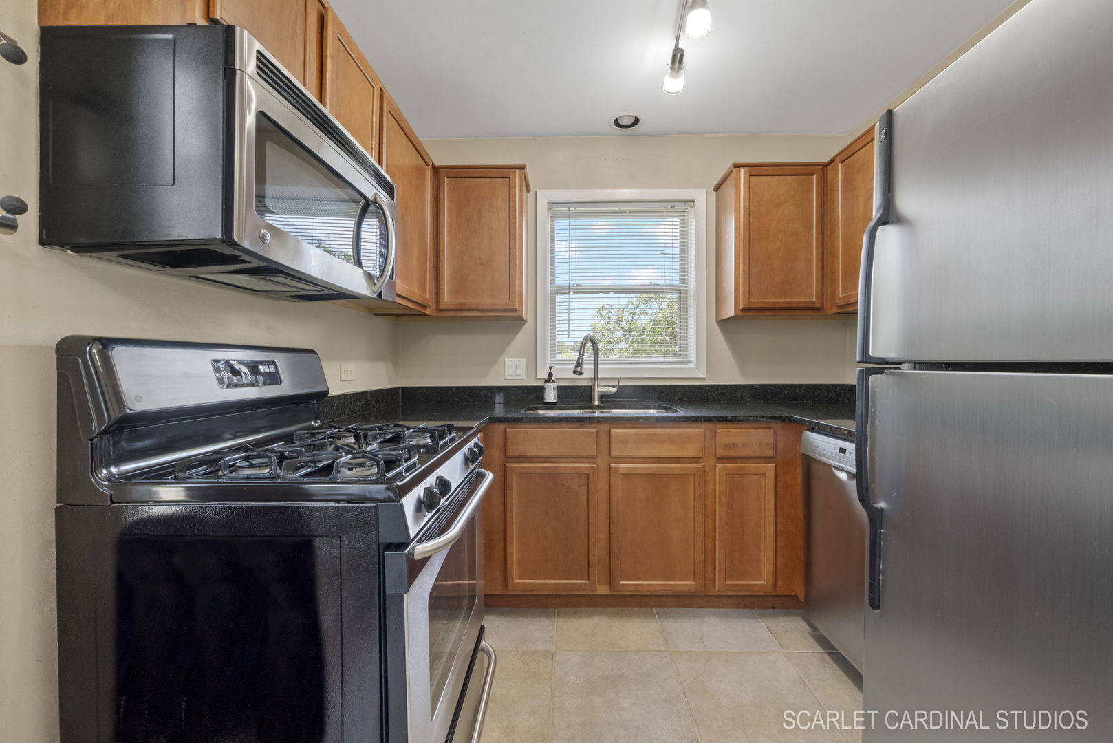 1300 McDowell Road, Unit 203 Naperville, IL 60563 - Photo 5 of 21 a kitchen with stainless steel appliances granite countertop a stove a sink and a microwave