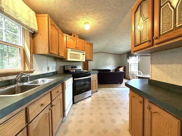 a kitchen with stainless steel appliances granite countertop a sink a stove and a microwave oven